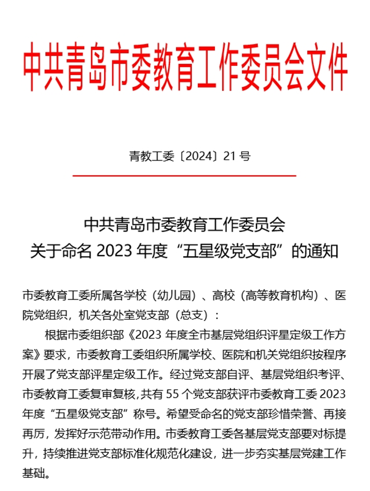 我校四个党支部荣获青岛市委教育工委2023年度“五星级党支部”称号